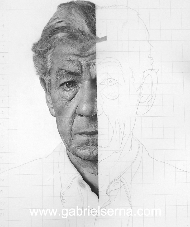 Hyper realistic drawing, Portrait Ian McKellen by Gabriel Serna