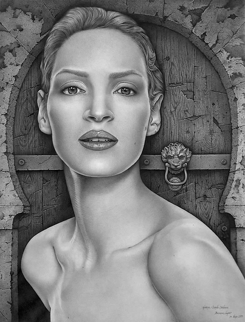 Pencil drawing Portrait of Uma Thurman by Gabriel Serna